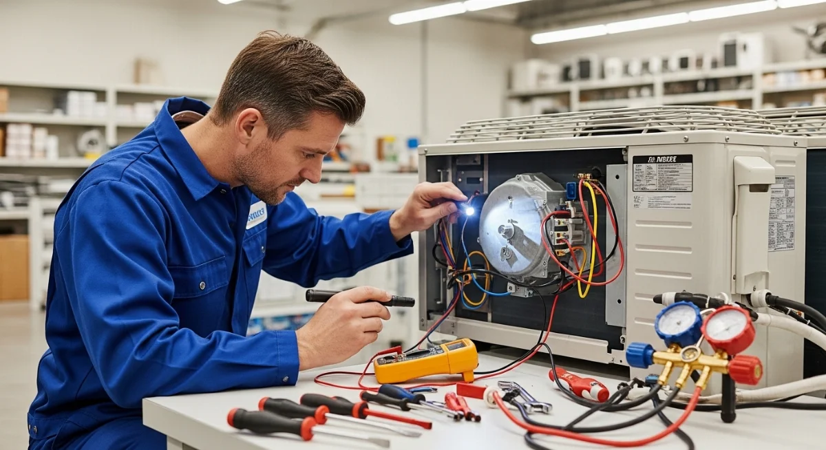 Thợ điện lạnh đang kiểm tra máy lạnh lướt để đảm bảo chất lượng trước khi thu mua