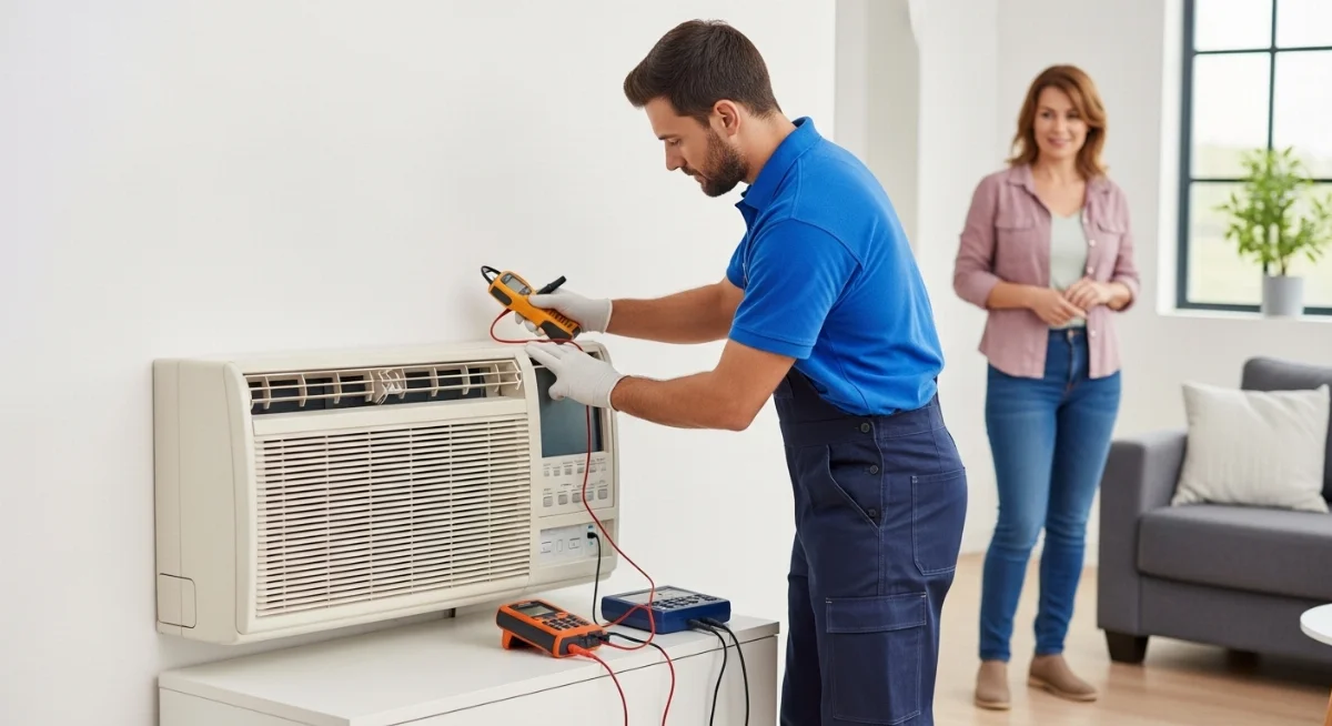 Chuyên gia điện lạnh đang kiểm tra bo mạch và các linh kiện bên trong dàn lạnh của máy điều hòa đã qua sử dụng