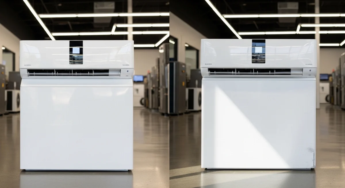 Hình ảnh so sánh máy lạnh lướt và máy mới, thể hiện sự chênh lệch về giá